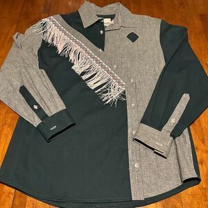 Vintage Gil Adam Women’s Western Button Up Shirt Fringe Cutouts USA Made Green M